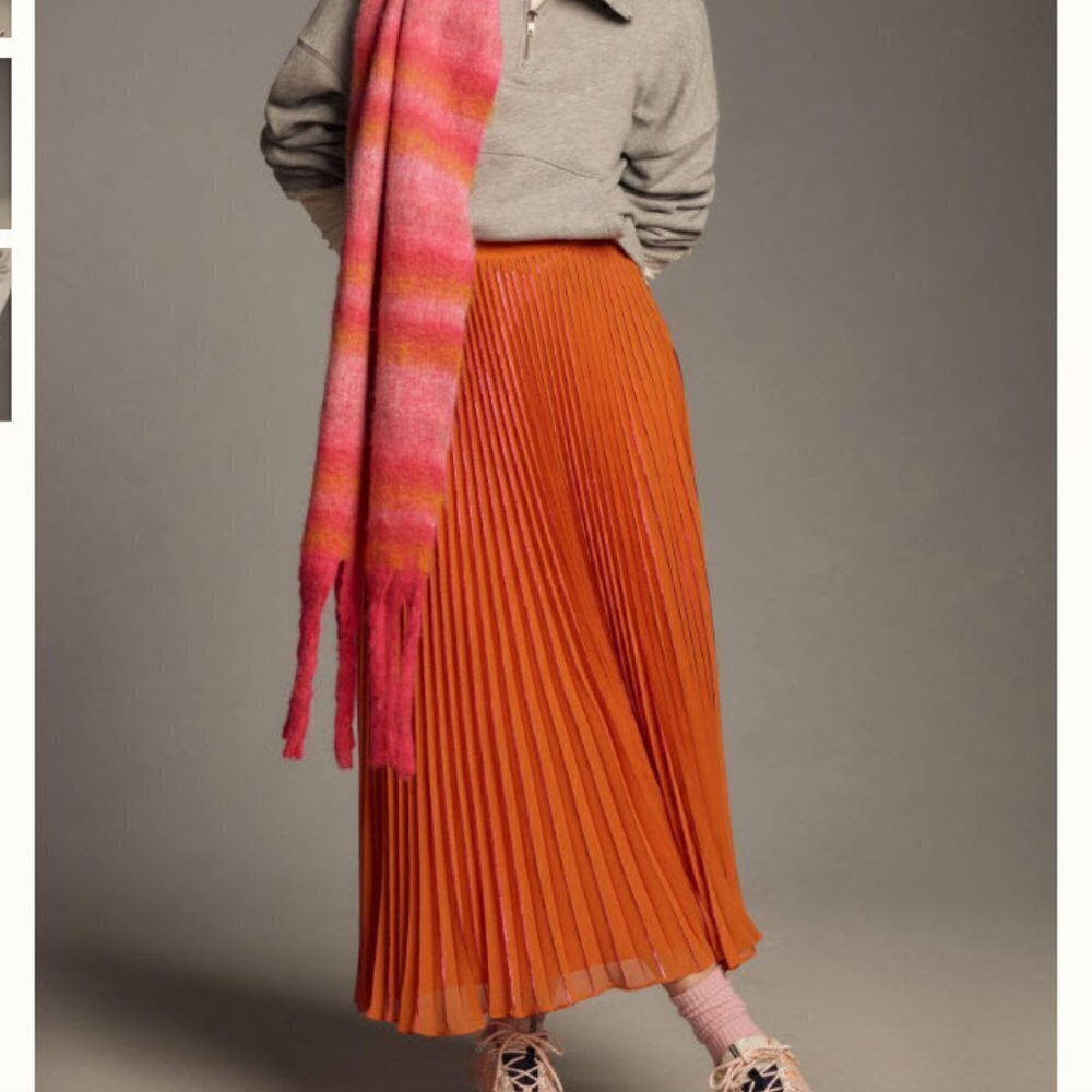 NWOT Anthropologie Neon Pleated Midi Skirt Small Vibrant Medium Orange